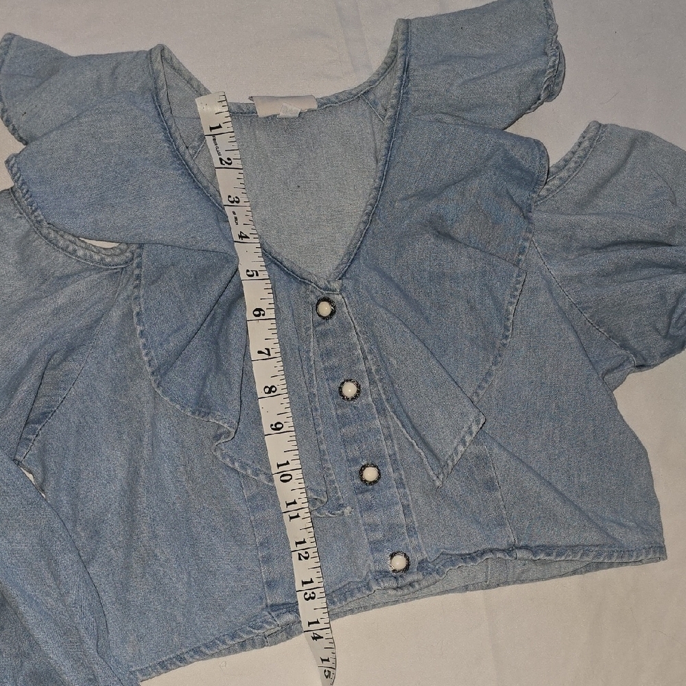 Light Blue Ruffle Denim Crop Top - Picture 2 of 14